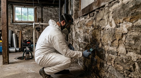 Mold removal technician testing a stone basement wall for moisture in a Lakewood, OH home